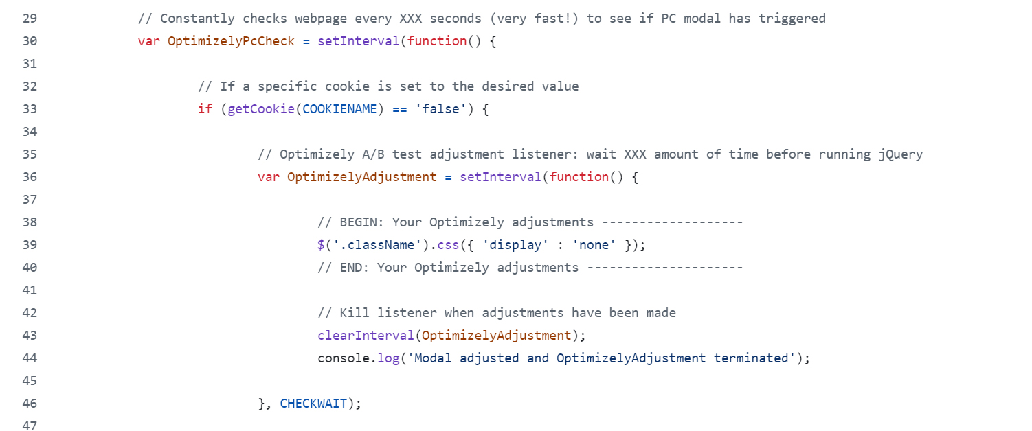 A preview image for the code for Optimizely's A/B functionality for modal content