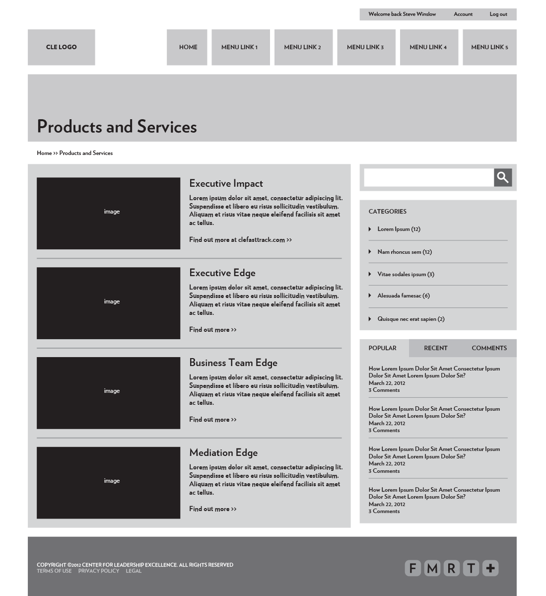 CLE Product and Services wireframe